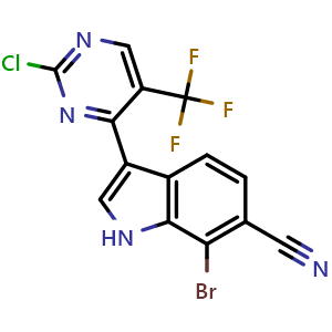 Chemical structure of 7-bromo-3-(2-chloro-5-(trifluoromethyl)pyrimidin-4-yl)-1H-indole-6-carbonitrile , CAS 2173193-93-4, AChemBlock AD241207