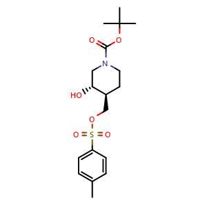 Chemical structure of [(3S,4S)-3-hydroxy-1-{[(2-methylprop-2-yl)oxy]carbonyl}hexahydropyridin-4-yl]methyl 4-methylbenzenesulfonate , CAS 219975-82-3, AChemBlock AD241217