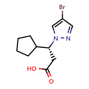 Chemical structure of (3R)-3-(4-bromopyrazol-1-yl)-3-cyclopentylpropanoic acid , CAS 2201065-96-3, AChemBlock AD241218