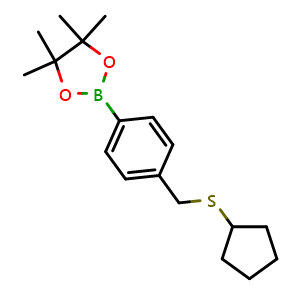 Chemical structure of 2-{4-[(cyclopentylsulfanyl)methyl]phenyl}-4,4,5,5-tetramethyl-1,3,2-dioxaborolane , CAS 2246900-40-1, AChemBlock AD241285