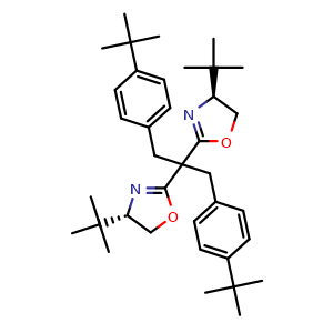 Chemical structure of (4S)-4-tert-butyl-2-{2-[(4S)-4-tert-butyl-4,5-dihydro-1,3-oxazol-2-yl]-1,3-bis(4-tert-butylphenyl)propan-2-yl}-4,5-dihydro-1,3-oxazole , CAS 2283330-44-7, AChemBlock AD241303