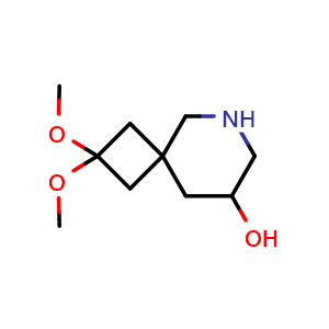 Chemical structure of 2,2-dimethoxy-6-azaspiro[3.5]nonan-8-ol , CAS 2287343-13-7, AChemBlock AD241306