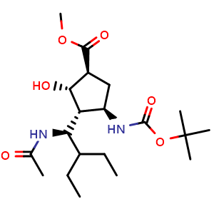 Chemical structure of (1S,2S,3R,4R)-Methyl 3-((R)-1-acetamido-2-ethylbutyl)-4-((tert-butoxycarbonyl)amino)-2-hydroxycyclopentanecarboxylate , CAS 229614-05-5, AChemBlock AD241309