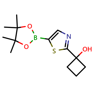 Chemical structure of 1-(5-(4,4,5,5-tetramethyl-1,3,2-dioxaborolan-2-yl)thiazol-2-yl)cyclobutanol , CAS 2304635-29-6, AChemBlock AD241319