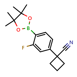 Chemical structure of 1-(3-Fluoro-4-(4,4,5,5-tetramethyl-1,3,2-dioxaborolan-2-yl)phenyl)cyclobutane-1-carbonitrile , CAS 2326492-11-7, AChemBlock AD241336