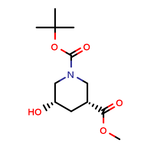 Chemical structure of 1-(1,1-Dimethylethyl) 3-methyl (3R,5S)-5-hydroxy-1,3-piperidinedicarboxylate , CAS 2361923-10-4, AChemBlock AD241355
