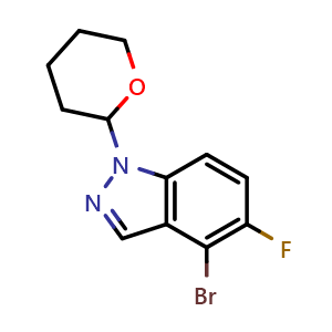 Chemical structure of 4-bromo-5-fluoro-1-tetrahydropyran-2-yl-indazole , CAS 2368909-38-8, AChemBlock AD241359