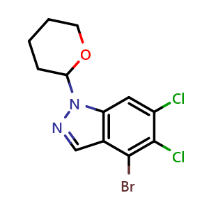 Chemical structure of 4-bromo-5,6-dichloro-1-tetrahydropyran-2-yl-indazole , CAS 2368910-23-8, AChemBlock AD241360