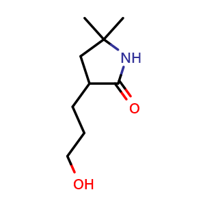 Chemical structure of 3-(3-hydroxypropyl)-5,5-dimethyl-pyrrolidin-2-one , CAS 2374126-95-9, AChemBlock AD241363