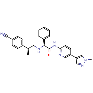 Chemical structure of (S,S)-2-((2-(4-Cyanophenyl)propyl)amino)-N-(5-(1-methyl-1H-pyrazol-4-yl)pyridin-2-yl)-2-phenylacetamide , CAS 2374971-82-9, AChemBlock AD241368