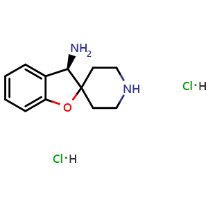 Chemical structure of (3R)-spiro[3H-benzofuran-2,4'-piperidine]-3-amine dihydrochloride , CAS 2377356-06-2, AChemBlock AD241372