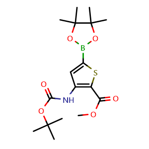 Chemical structure of methyl 3-{[(tert-butoxy)carbonyl]amino}-5-(4,4,5,5-tetramethyl-1,3,2-dioxaborolan-2-yl)thiophene-2-carboxylate , CAS 2377606-49-8, AChemBlock AD241377