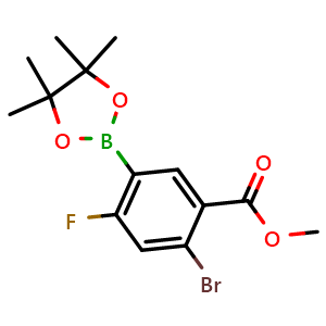 Chemical structure of Methyl 2-bromo-4-fluoro-5-(4,4,5,5-tetramethyl-1,3,2-dioxaborolan-2-yl)benzoate , CAS 2377607-39-9, AChemBlock AD241380
