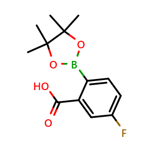 Chemical structure of 5-fluoro-2-(4,4,5,5-tetramethyl-1,3,2-dioxaborolan-2-yl)benzoic acid , CAS 2377607-51-5, AChemBlock AD241383
