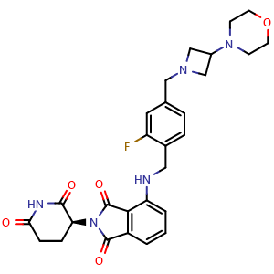 Chemical structure of (S)-2-(2,6-Dioxopiperidin-3-yl)-4-[[2-fluoro-4-[(3-morpholinoazetidin-1-yl)methyl]benzyl]amino]isoindoline-1,3-dione , CAS 2379572-34-4, AChemBlock AD241405