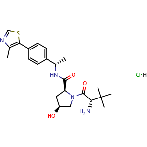 Chemical structure of (2S,4S)-1-((S)-2-Amino-3,3-Dimethylbutanoyl)-4-hydroxy-N-((S)-1-(4-(4-methylthiazol-5-yl)phenyl)ethyl)pyrrolidine-2-carboxamide hydrochloride , CAS 2380273-26-5, AChemBlock AD241406