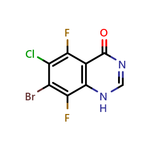 Chemical structure of 7-bromo-6-chloro-5,8-difluoro-1H-quinazolin-4-one , CAS 2387928-71-2, AChemBlock AD241427