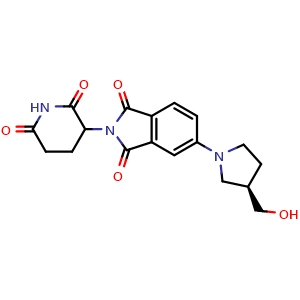 Chemical structure of 2-(2,6-dioxopiperidin-3-yl)-5-((R)-3-(hydroxymethyl)pyrrolidin-1-yl)isoindoline-1,3-dione , CAS 2416132-50-6, AChemBlock AD241453
