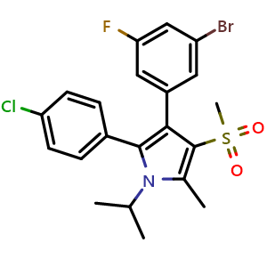 Chemical structure of 3-(3-Bromo-5-fluorophenyl)-2-(4-chlorophenyl)-1-isopropyl-5-methyl-4-(methylsulfonyl)-1H-pyrrole , CAS 2447684-13-9, AChemBlock AD241479