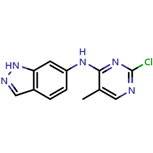 Chemical structure of N-(2-chloro-5-methylpyrimidin-4-yl)-1H-indazol-6-amine , CAS 2454699-18-2, AChemBlock AD241485