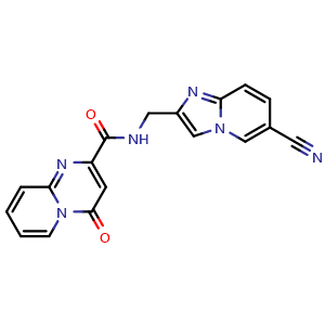 Chemical structure of N-((6-cyanoimidazo[1,2-a]pyridin-2-yl)methyl)-4-oxo-4H-pyrido[1,2-a]pyrimidine-2-carboxamide , CAS 2499661-33-3, AChemBlock AD241504