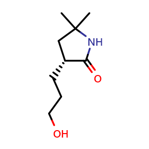 Chemical structure of (3R)-3-(3-hydroxypropyl)-5,5-dimethyl-pyrrolidin-2-one , CAS 2608048-90-2, AChemBlock AD241553