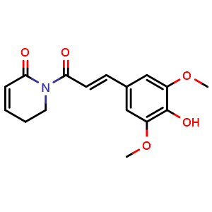 Chemical structure of 1-[(2E)-3-(4-hydroxy-3,5-dimethoxyphenyl)-1-oxoprop-2-enyl]-1,2,5,6-tetrahydropyridin-2-one , CAS 261914-52-7, AChemBlock AD241560