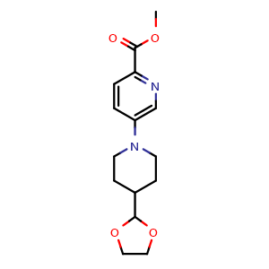 Chemical structure of methyl 5-[4-(1,3-dioxolan-2-yl)hexahydropyridin-1-yl]pyridine-2-carboxylate , CAS 2649400-00-8, AChemBlock AD241584