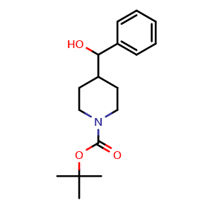 Chemical structure of tert-butyl 4-[hydroxy(phenyl)methyl]piperidine-1-carboxylate , CAS 269740-46-7, AChemBlock AD241613