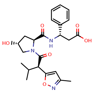 Chemical structure of (S)-3-((2S,4R)-4-hydroxy-1-((R)-3-methyl-2-(3-methylisoxazol-5-yl)butanoyl)pyrrolidine-2-carboxamido)-3-phenylpropanoic acid , CAS 2701565-76-4, AChemBlock AD241614