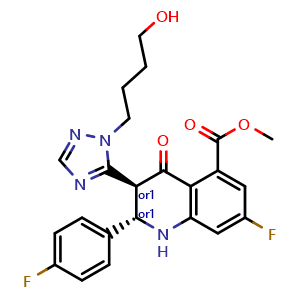 Chemical structure of rel-methyl (2R,3R)-7-fluoro-2-(4-fluorophenyl)-3-(1-(4-hydroxybutyl)-1H-1,2,4-triazol-5-yl)-4-oxo-1,2,3,4-tetrahydroquinoline-5-carboxylate , CAS 2748692-76-2, AChemBlock AD241640