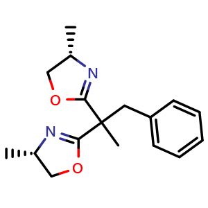 Chemical structure of (4S)-4-methyl-2-{2-[(4S)-4-methyl-4,5-dihydro-1,3-oxazol-2-yl]-1-phenylpropan-2-yl}-4,5-dihydro-1,3-oxazole , CAS 2757082-33-8, AChemBlock AD241647