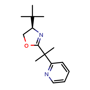 Chemical structure of 2-{2-[(4R)-4-tert-butyl-4,5-dihydro-1,3-oxazol-2-yl]propan-2-yl}pyridine , CAS 2757083-51-3, AChemBlock AD241650