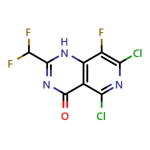 Chemical structure of 5,7-dichloro-2-(difluoromethyl)-8-fluoro-1H-pyrido[4,3-d]pyrimidin-4-one , CAS 2763159-69-7, AChemBlock AD241666