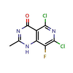 Chemical structure of 5,7-dichloro-8-fluoro-2-methyl-1H-pyrido[4,3-d]pyrimidin-4-one , CAS 2763160-26-3, AChemBlock AD241667