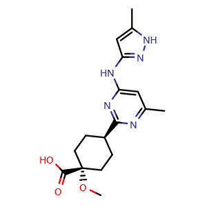 Chemical structure of rel-(1r,4r)-1-methoxy-4-(4-methyl-6-((5-methyl-1H-pyrazol-3-yl)amino)pyrimidin-2-yl)cyclohexane-1-carboxylic acid , CAS 2778223-52-0, AChemBlock AD241678