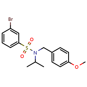 Chemical structure of 3-bromo-N-[(4-methoxyphenyl)methyl]-N-(propan-2-yl)benzene-1-sulfonamide , CAS 2803477-14-5, AChemBlock AD241693