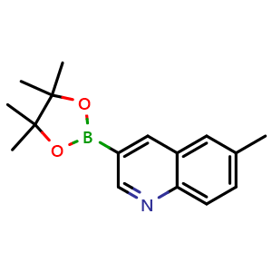 Chemical structure of 6-methyl-3-(4,4,5,5-tetramethyl-1,3,2-dioxaborolan-2-yl)quinoline , CAS 2819706-44-8, AChemBlock AD241698