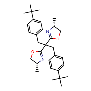 Chemical structure of (4R)-2-[1,3-bis(4-tert-butylphenyl)-2-[(4R)-4-methyl-4,5-dihydro-1,3-oxazol-2-yl]propan-2-yl]-4-methyl-4,5-dihydro-1,3-oxazole , CAS 2828432-11-5, AChemBlock AD241705
