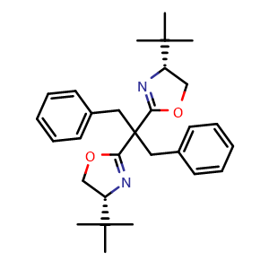 Chemical structure of (4R)-4-tert-Butyl-2-{2-[(4R)-4-tert-butyl-4,5-dihydro-1,3-oxazol-2-yl]-1,3-diphenylpropan-2-yl}-4,5-dihydro-1,3-oxazole , CAS 2828432-27-3, AChemBlock AD241706