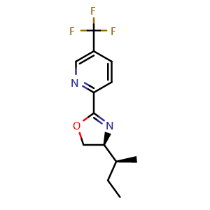 Chemical structure of 2-[(4S)-4-[(2S)-butan-2-yl]-4,5-dihydro-1,3-oxazol-2-yl]-5-(trifluoromethyl)pyridine , CAS 2828439-59-2, AChemBlock AD241720