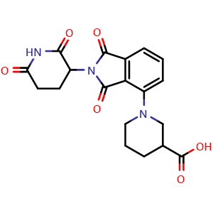Chemical structure of 1-[2-(2,6-dioxohexahydropyridin-3-yl)-1,3-dioxo-2,3-dihydro-1H-isoindol-4-yl]hexahydropyridine-3-carboxylic acid , CAS 2864408-35-3, AChemBlock AD241739