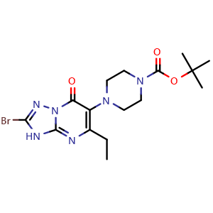 Chemical structure of 2-methylpropan-2-yl 4-(2-bromo-5-ethyl-7-oxo-3H-[1,2,4]triazolo[1,5-a]pyrimidin-6-yl)piperazine-1-carboxylate , CAS 2869957-16-2, AChemBlock AD241741