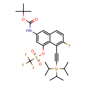 Chemical structure of 3-((tert-Butoxycarbonyl)amino)-7-fluoro-8-((triisopropylsilyl)ethynyl)naphthalen-1-yl trifluoromethanesulfonate , CAS 2916870-57-8, AChemBlock AD241764
