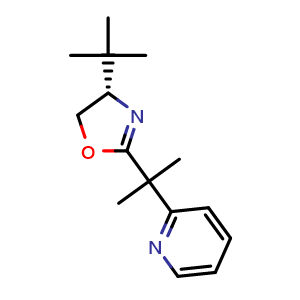 Chemical structure of 2-{2-[(4S)-4-tert-butyl-4,5-dihydro-1,3-oxazol-2-yl]propan-2-yl}pyridine , CAS 292839-82-8, AChemBlock AD241775