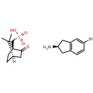 Chemical structure of (R)-5-bromo-2,3-dihydro-1H-inden-2-amine ((1S,4R)-7,7-Dimethyl-2-oxobicyclo[2.2.1]heptan-1-yl)methanesulfonic acid , CAS 321352-54-9, AChemBlock AD241857
