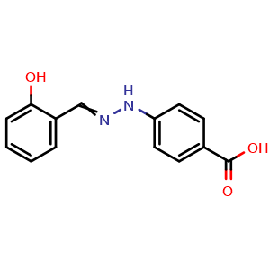 Chemical structure of 4-{2-[(2-hydroxyphenyl)methylidene]hydrazin-1-yl}benzoic acid , CAS 325777-03-5, AChemBlock AD241865