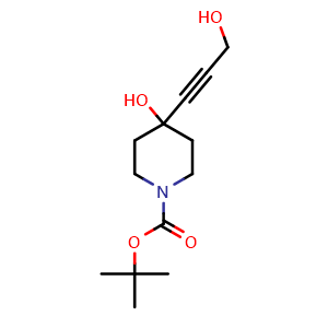 Chemical structure of tert-Butyl 4-hydroxy-4-(3-hydroxyprop-1-yn-1-yl)piperidine-1-carboxylate , CAS 374794-87-3, AChemBlock AD242015