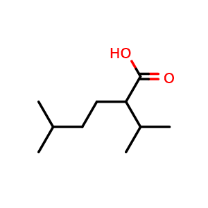 Chemical structure of 5-methyl-2-(propan-2-yl)hexanoic acid , CAS 4384-07-0, AChemBlock AD242144