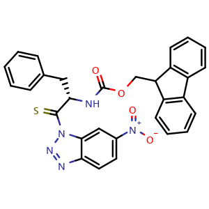 Chemical structure of 9H-fluoren-9-ylmethyl {[(2S)-1-(6-nitrobenzo[d][1,2,3]triazol-1-yl)-3-phenyl-1-thioxoprop-2-yl]amino}methanoate , CAS 469883-75-8, AChemBlock AD242180